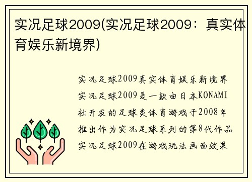 实况足球2009(实况足球2009：真实体育娱乐新境界)